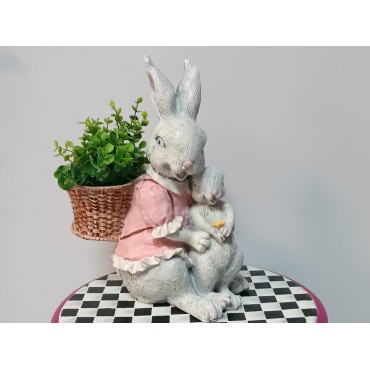 Sepetli Anne & Yavru Tavşan Dekoratif Biblo