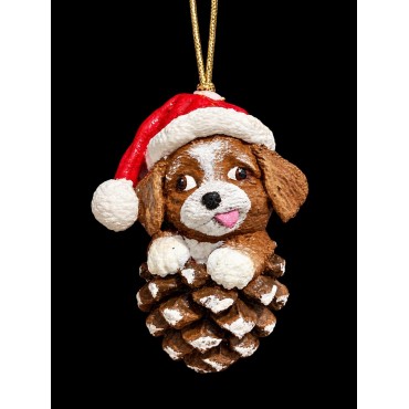 Çam kozalağı içinde Noel şapkalı sevimli köpek figürlü el yapımı yılbaşı ağacı süsü
