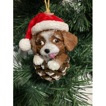 Çam kozalağı içinde Noel şapkalı sevimli köpek figürlü el yapımı yılbaşı ağacı süsü