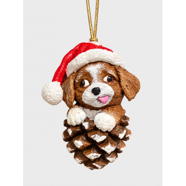Yılbaşı Ağacı Süsü - Çam Kozalağında Sevimli Köpek Figürlü Noel Baba Şapkalı Dekoratif Obje (8 cm)