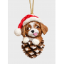Yılbaşı Ağacı Süsü - Çam Kozalağında Sevimli Köpek Figürlü Noel Baba Şapkalı Dekoratif Obje (8 cm)